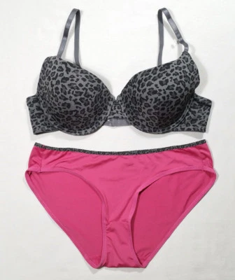 Women Set of T-Shirt Bra 38C Bikini Panty Large Pink Gray Black Leopard Print - Image 1 of 4