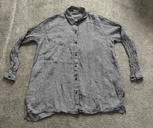 Eileen Fisher Shirt Women's Large Button Front Long Sleeve Gingham Organic Linen - Picture 1 of 7