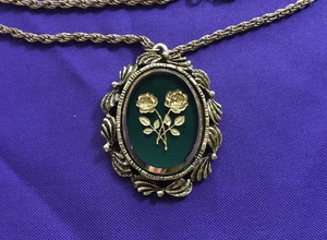 Antique French Green Glass Mourning Like 2.5"Pendant Gold Roses Reverse Carved - Picture 1 of 6