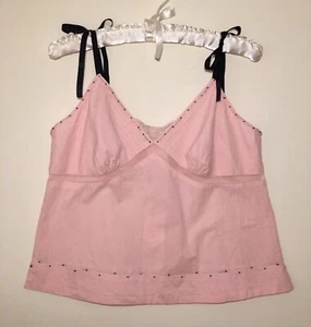 Night Top Sleep Cami Pink Cotton Poplin Size Large Vtg 90’s Black Ribbon Straps - Picture 1 of 8