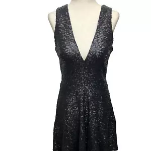 Dress the Population Black Sequin Fit & Flare A-Line Mini Dress V-Neck Sz Medium - Picture 1 of 6
