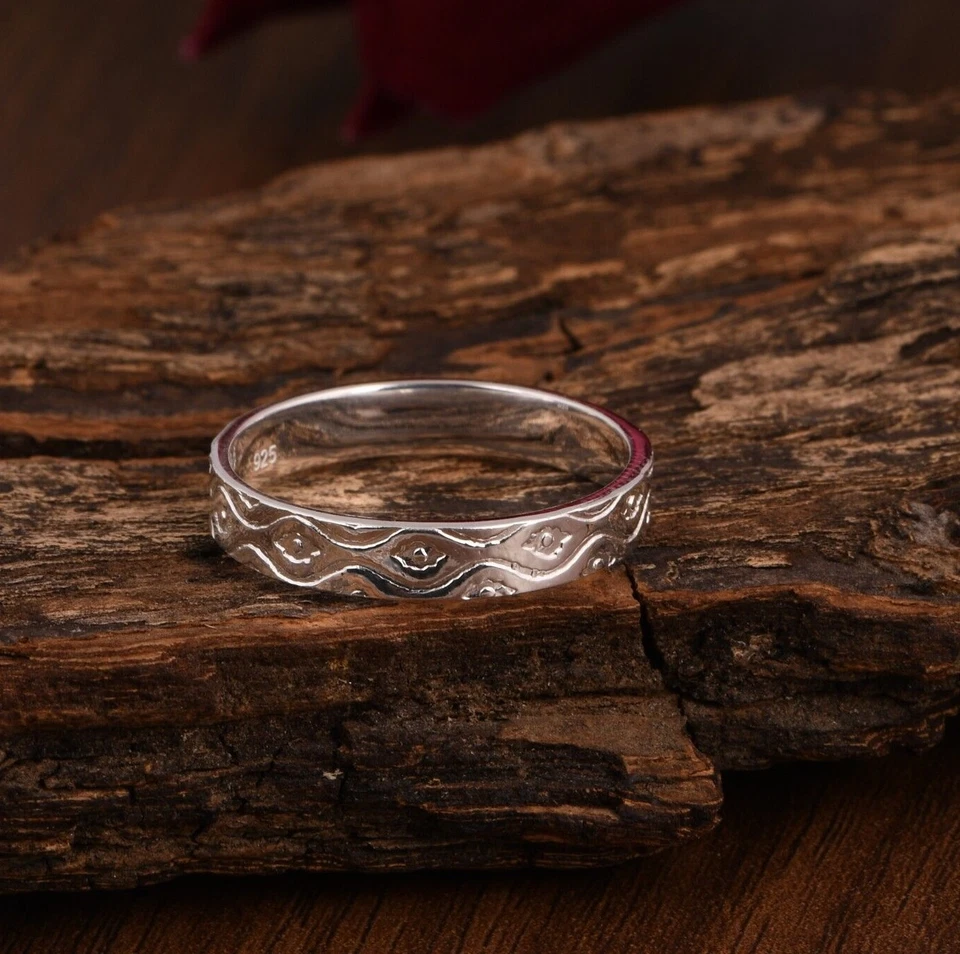 925 Sterling Silver Textured Swirl Band Ring Flower Leaf Engraved Ring For Women - Image 1 of 4