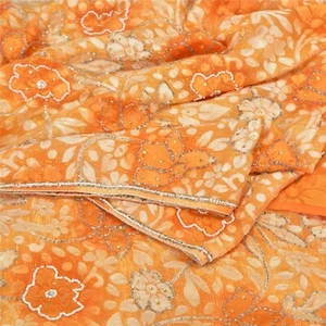 Sanskriti Vintage Yellow Sarees Art Silk Hand Beaded Brasso Sari Craft Fabric - Picture 1 of 12