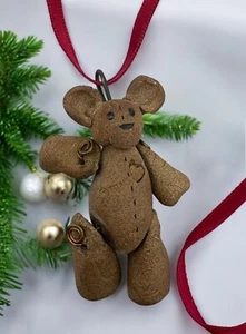 Primitive Teddy Bear Christmas Ornament Heart Jointed Legs Arms with Red Ribbon - Picture 1 of 7