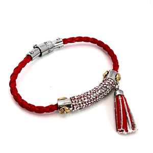 NEW Henri Bendel Red Woven Leather Inlaid Zirconia Crystals SILVER Bracelet - Picture 1 of 11