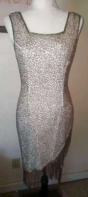 Vestido estilo aleta vintage blanco y plateado Laurence Kazar talla S/M (4-6) para mujer Foto 1 de 4