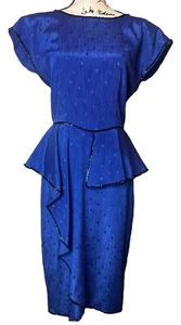 Women’s 80s Vintage Royal Blue Sequins Peplum Party Cocktail Dress S XS - Picture 1 of 12