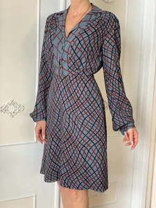 GUCCI DRESS GEOMETRIC WAVED CHECK PRINT SILK Size 44 US 6 - Picture 1 of 9