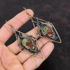 Dragon Bloodstone Copper Gift For Love Wire Wrapped Drop/Dangle Earrings 3.46" - Picture 1 of 6