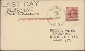 U.S., 1954. No. Carolina Postal History Last Day Card, Pee Dee - Picture 1 of 1