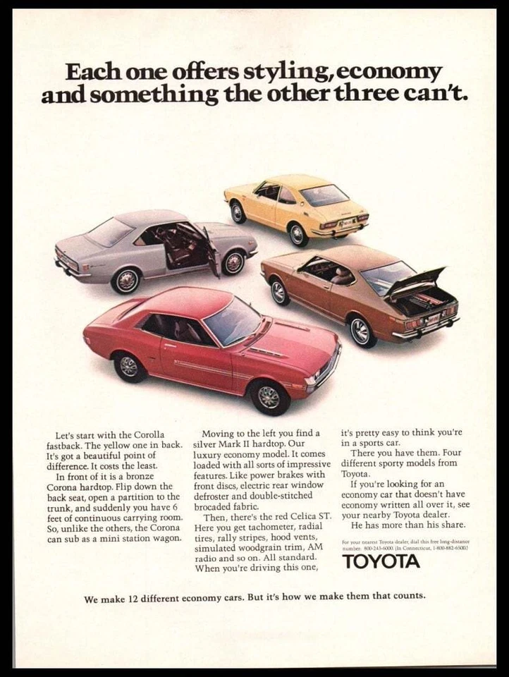 Toyota Corolla Fastback 1972 - coche rojo, amarillo original anuncio impreso cueva del hombre, garaje Foto 1 de 1