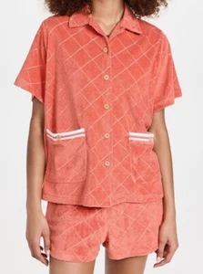 NWT New The Upside Women’s Cannes Stella 1970s Retro Argyle Velour Shirt-Peach-L - Picture 1 of 5