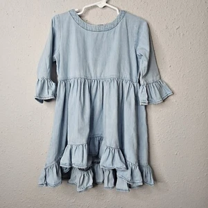 RuffleButts Top Toddler Girl 4T Blue Denim Chambray Ruffle Hi Low Bell Sleeve - Picture 1 of 14