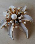 Vintage Bsk Floral Burst Brooch Pin Domed Gold Tone Ab Rhinestone Enamel Pearl