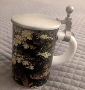 Vintage Western Germany Ceramic Pewter Lid  Beer Stein Bier Krug Hunting Scene - Picture 1 of 12