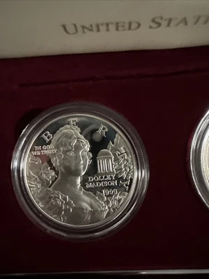 1999 P Dolley Madison Silver Dollar Set Commemorative Proof & Unc Box & COA - Image 1 of 2