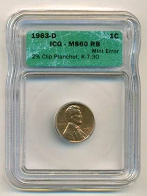 1963 D Lincoln Memorial Cent Error Clipped Planchet MS60 RB ICG - Image 1 of 4