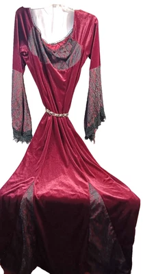 Velour Maroon Black Lace LS Full Length Dress Renaissance Fair Renfest LARP - Image 1 of 4