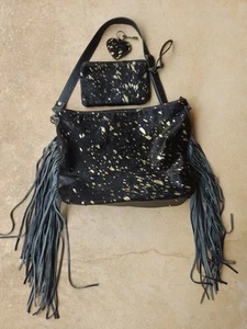 Myra Black Gold Cowhide Fringe Bag LARGE Crossbody Satchel Wristlet Keychain LOT - Picture 1 of 23