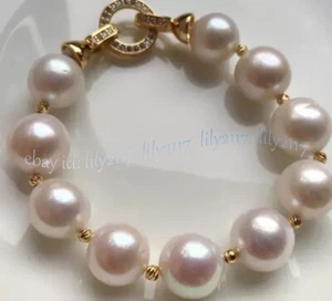 Huge 12-14mm Genuine Natural Round South Sea White Pearl Beads Bracelet 8 inch - Picture 1 of 6