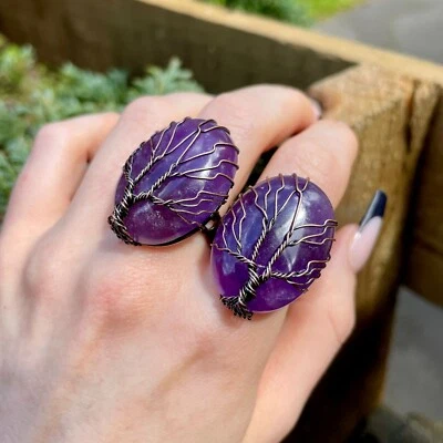 Anillo Amatista Piedra Grande Ajustable Alambre Envuelto Árbol de la Vida Cristal Curativo  Foto 1 de 4