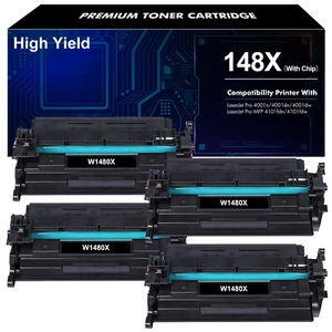 1-4 High Yield Black Toner (WITH CHIP) For HP 148X W1480X LaserJet Pro 4001 4101 - Picture 1 of 5
