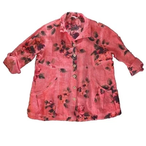 John Mark women’s Size Large Pink Floral Print Button Front Linen Pocket Tunic - Picture 1 of 12