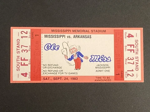 1983 Sept24 OLE MISS-ARKANSAS FULL TICKET NM! Colonel Rebel! Univ.MISS. Not Stub Cover