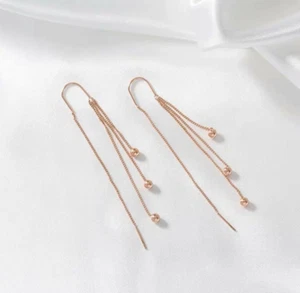 Women Threader Rose Gold Tassel Balls Pull Though Earrings Stainless Steel AC1 - Picture 1 of 4