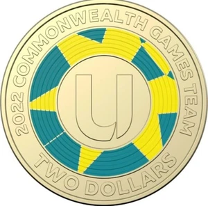 Carta U Equipo Juegos de la Commonwealth 2022 Moneda de dos dólares $2 Color Australia CIRC - Imagen 1 de 9
