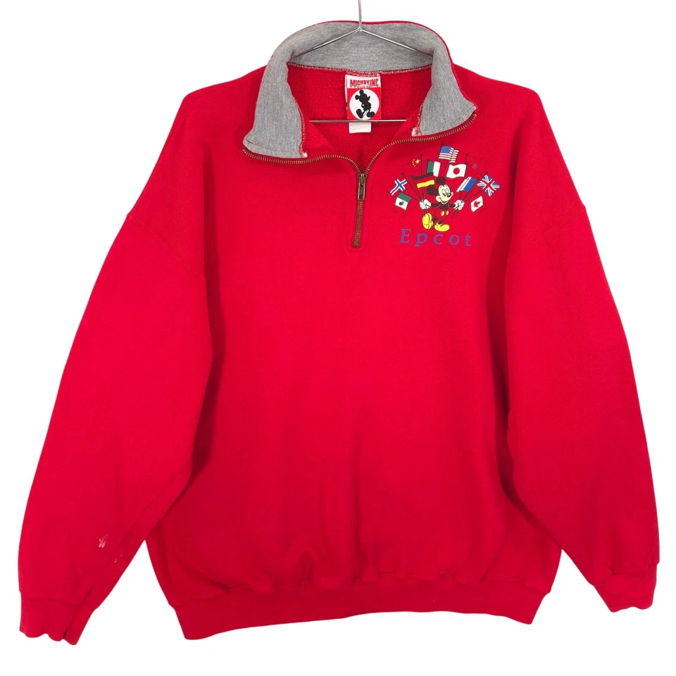 Suéter Vintage Disney Epcot Adulto XXL Rojo Mickey Mouse Banderas de Campo Hecho en EE. UU. Foto 1 de 4