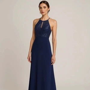 Maxi Vestido X By Xscape Lentejuelas Top Azul Halter Talla 2 Vestido de Noche Baile de graduación Formal - Imagen 1 de 10