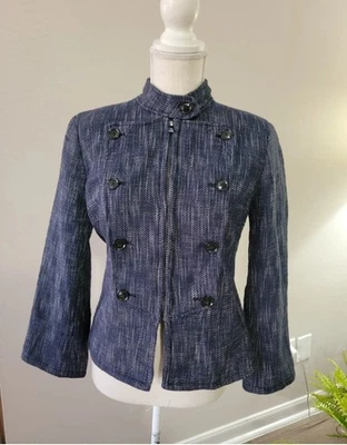 Banana Republic Size 2 Tweed Military Jacket Blue Full Zip Button Detail Blazer  - Image 1 of 4