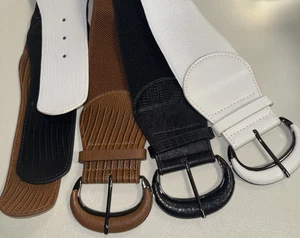 Three Belts  Wide Buckle Elastic Stretch, Black, Brown, and White Faux Leather  - Picture 1 of 6