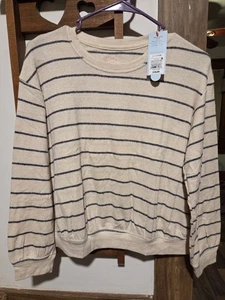 Cat & Jack Girls Large 10/12 Plus Cream And Navy Soft Striped Sweater - Picture 1 of 4
