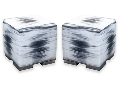 Pair of Richard Ross Designs Contemporary Modern White Grey Chrome Pouf Ottomans - Image 1 of 4