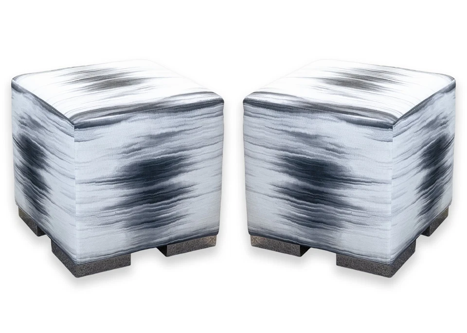 Pair of Richard Ross Designs Contemporary Modern White Grey Chrome Pouf Ottomans - Image 1 of 4
