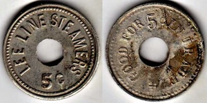 Steamboat Token: Lee Line Steamers (Memphis, Tennessee Tenn TN) 5c GF 5c IT - Picture 1 of 1