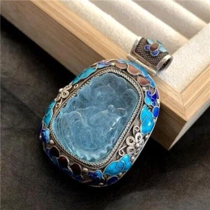 Collana donna ciondolo argento sterling pietra preziosa acquamarina blu grande art deco - Foto 1 di 12