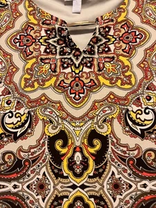 Charter Club Boho Paisley Brown Yellow 3/4-Sleeve Midi Shift Dress Gold Plate L - Picture 1 of 2