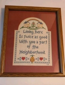 Counted Cross Stitch Sampler Complete Framed & Matted Neighbor Gift 8 3/4x 11 - Picture 1 of 2