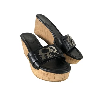 Women's 9.5 B M Coach Jen Black Patent Leather Cork Wedge Heels Sandals Platform - Picture 1 of 12