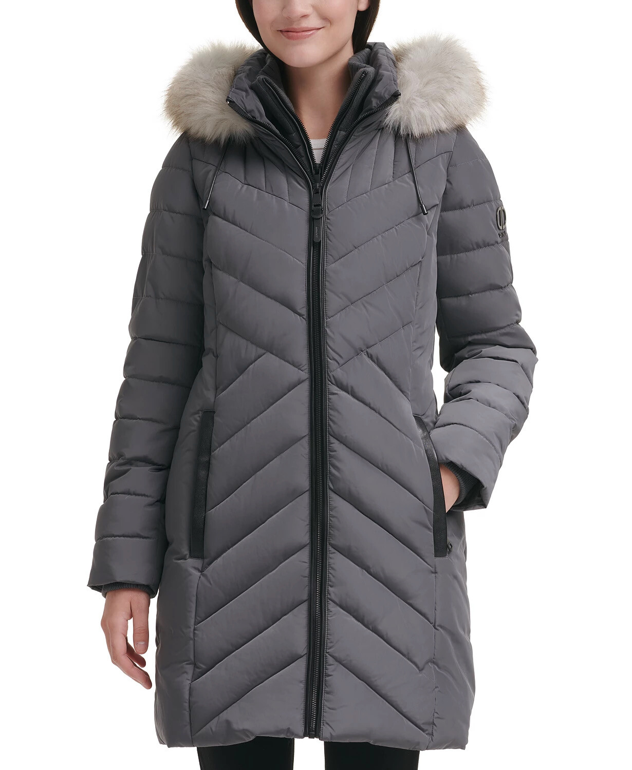 Dkny Women's Faux-Fur-Trim Hooded Puffer Coat - Charcoal - Size L