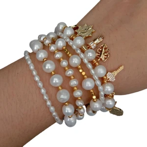 8 Zoll 6 Reihen Kartoffel Reis Perlen Armband Cz Pave Charm Sommer Strand Schmuck - Bild 1 von 6