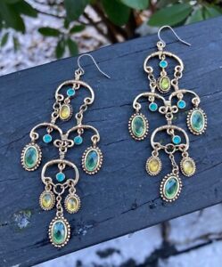 Vintage Peridot Topaz Crystal & Gold Drop Dangle Pierced Chandelier Earrings 