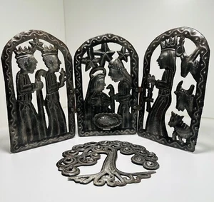 Haitian Oil Drum Metal Art. Nativity Scene & Curly Tree Of Life. Artists Signed - Picture 1 of 15