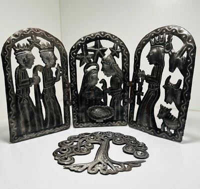 Гаитянский масляный барабан искусство металла. Рождественская сцена и кудрявое дерево жизни. Подписанные художники - Изображение 1 из 4