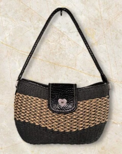 Brighton “Sydney” Black & Tan Woven Straw Shoulder Bag w/Leather Trim EUC - Picture 1 of 24