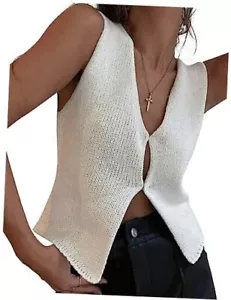 Women Y2k Crochet Vest Top Vintage Solid Color V Neck Sleeveless Small A White - Picture 1 of 8