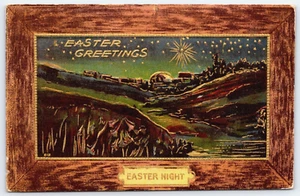 Postcard Easter Night Framed Art Stars Moon Hills Town Gold Gilt Divided Back - Bild 1 von 2